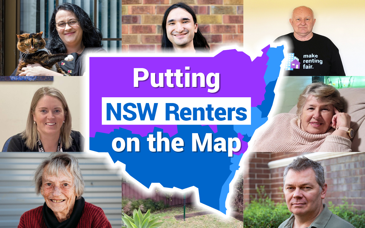 'Putting Renters on the Map' with a map of NSW and photos of renters