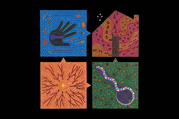 Aboriginal artwork showing a hand, a house, a gathering, and a key