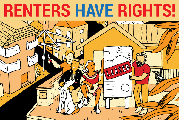 Renters have rights cartoon with renters and houses