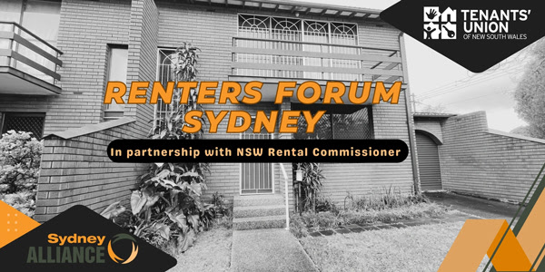 Image with a two story house in the background, text reads Renters' Forum Sydney 
