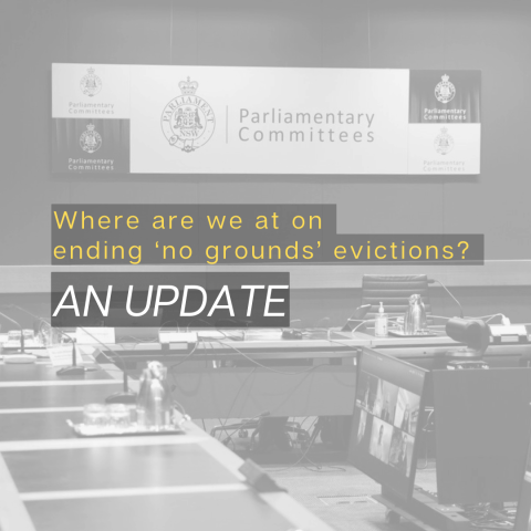 Picture in background - parliamentary committee meeting room at NSW Parliament. Text in front reads: 'whare are we at with ending no grounds evictions: An update'