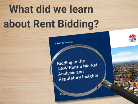 Title reads: What did we learn about Rent Bidding? with an image of a magnifying glass overlaid on a copy of a government report.