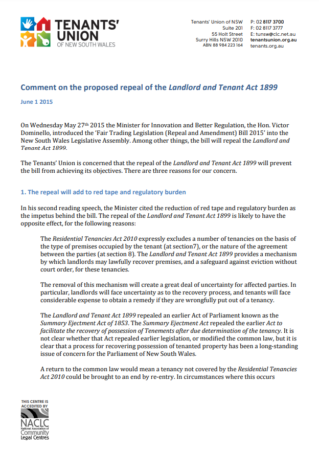 Front page of repeal LTA 1899 comment from Tenants' Union
