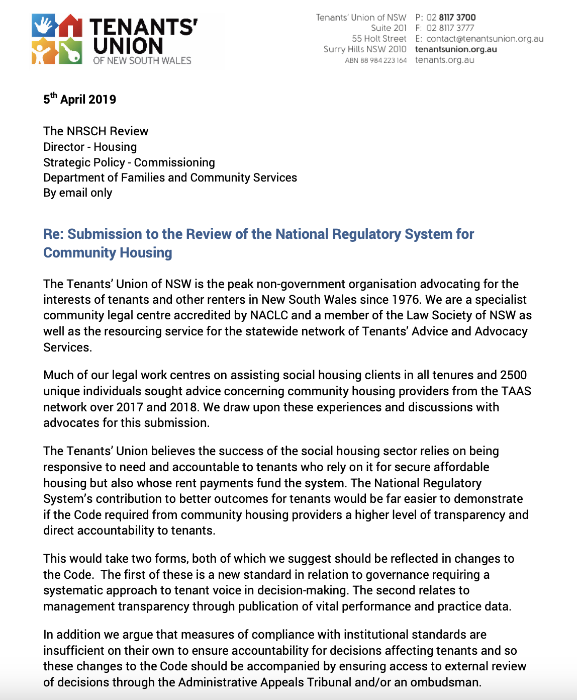 Front Page of TUNSW's Submission to the Review of the National Regulatory System for Community Housing
