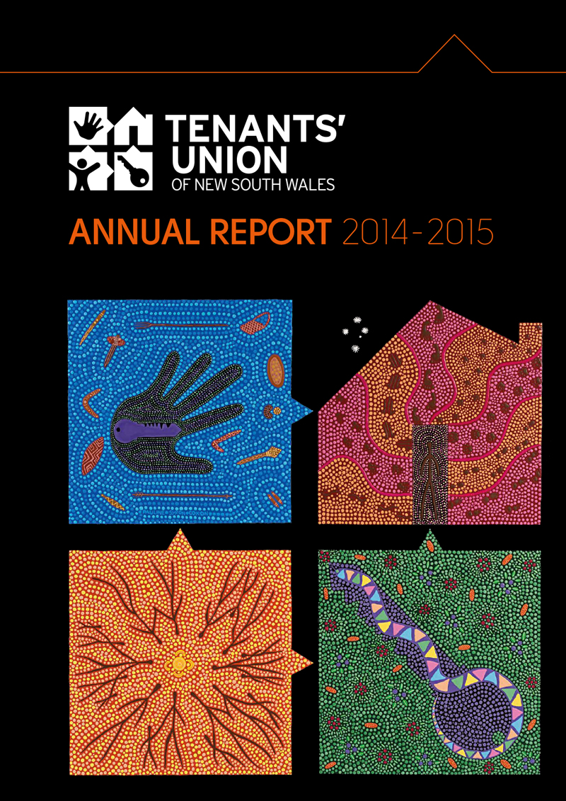 Tenants' Union Annual Report cover with Aboriginal artwork showing a hand, a house, a gathering, and a key